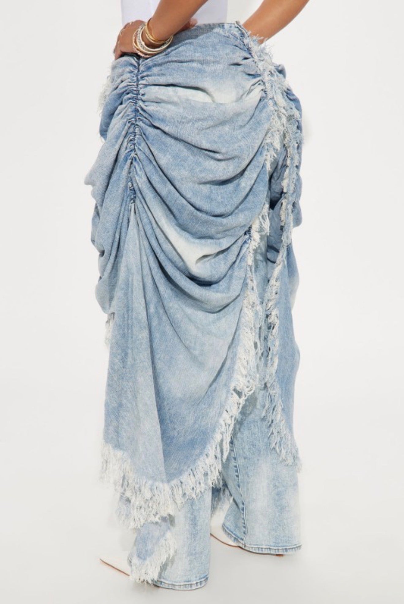 DECONSTRUCTED DENIM RUFFLE TROUSERS