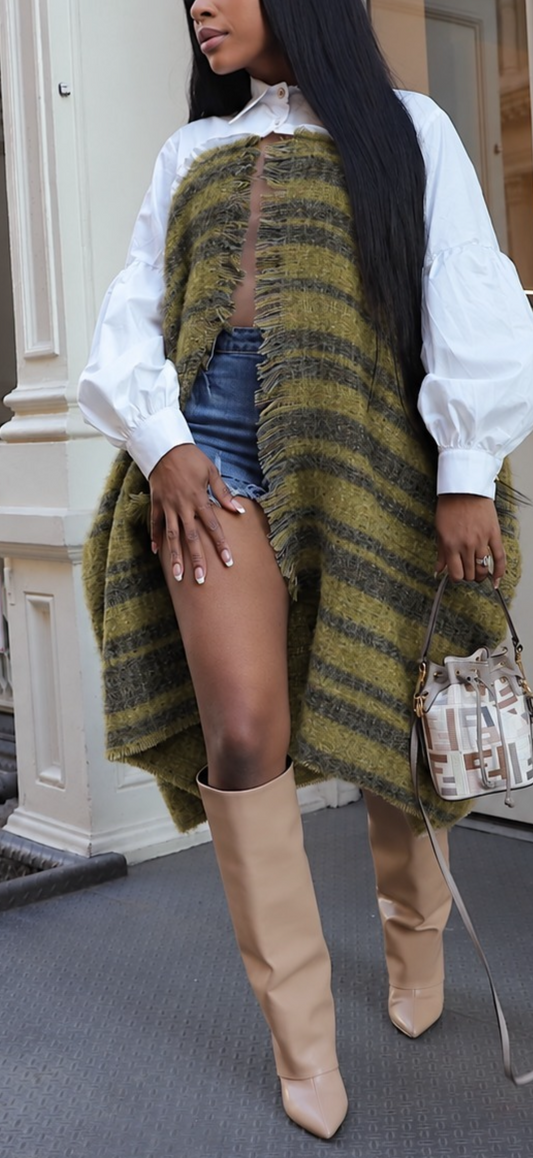 MIXED MEDIA FRINGED PONCHO SHIRT DRESS