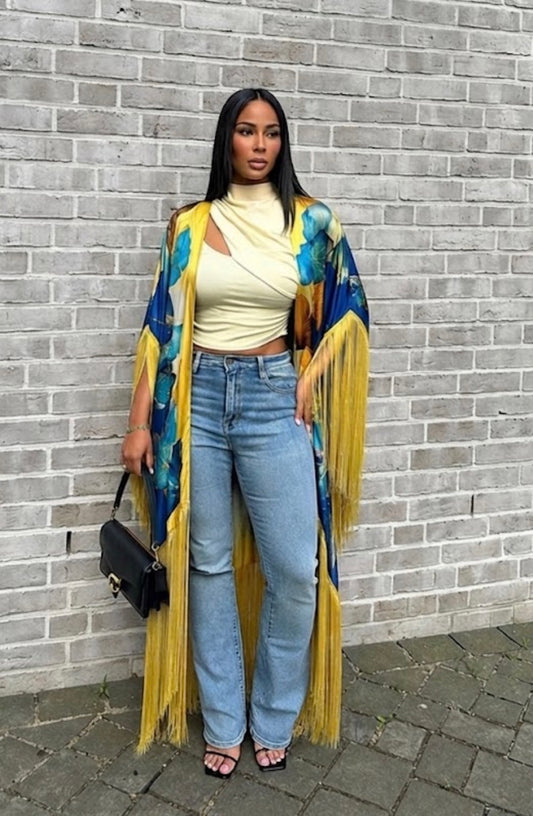 ROYAL AZURE SILK FRINGE KIMONO