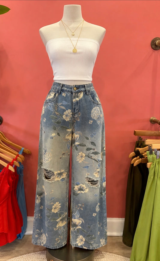 FLORAL RIPPED SKATER JEANS
