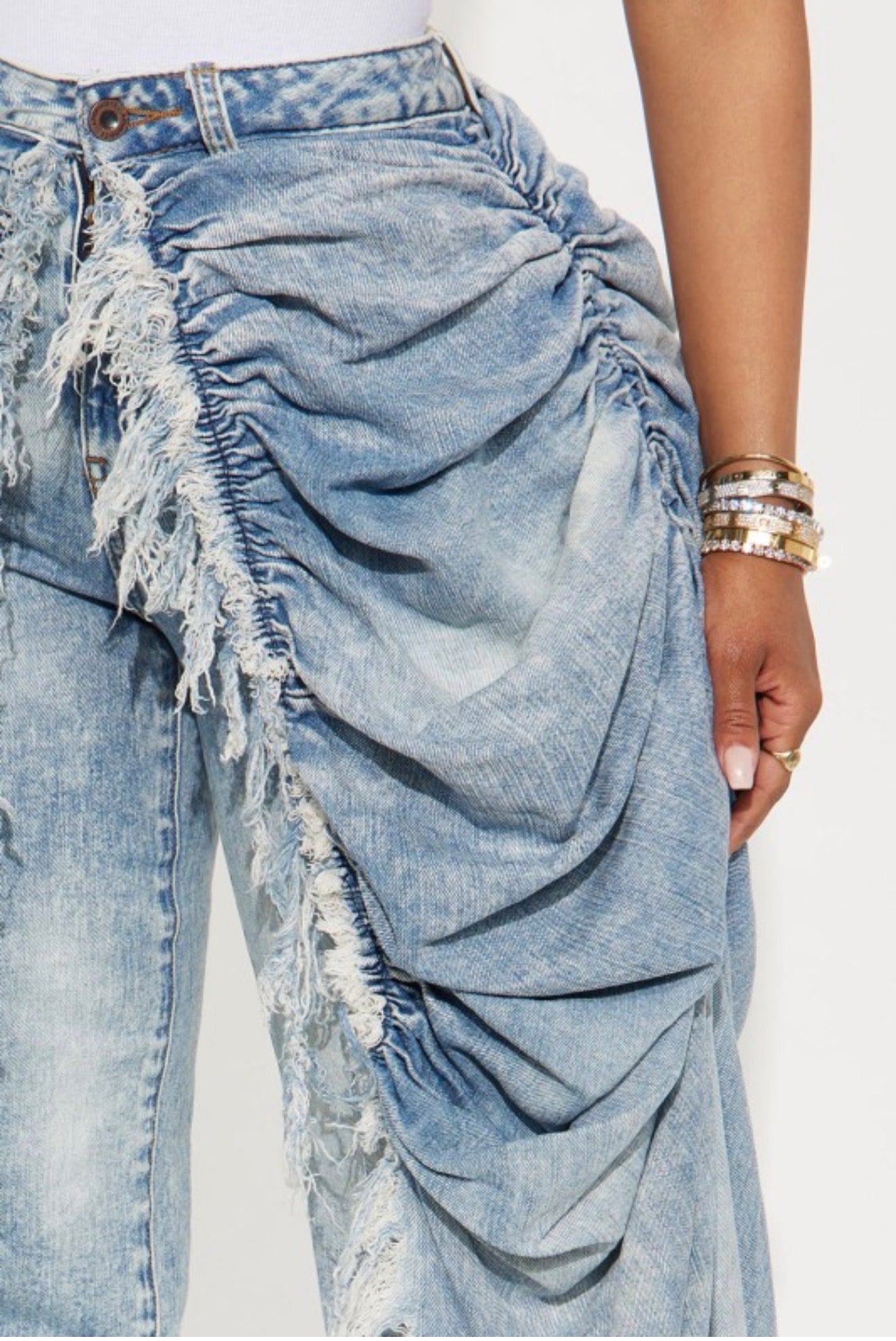DECONSTRUCTED DENIM RUFFLE TROUSERS